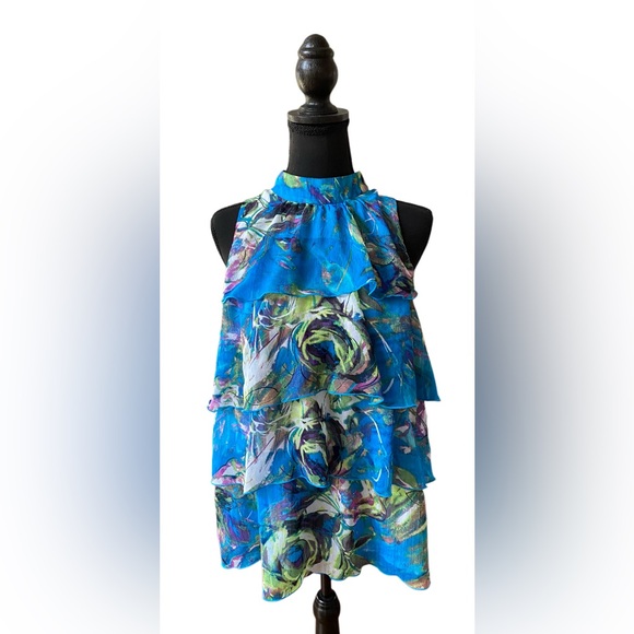 NY Collection Tops - NY Collection: Blue Tiered Ruffle Top with Mock Collar